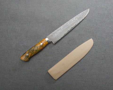 Shigeki Tanaka R2/SG2 Kurosome Damascus 180mm Sujihiki with Yellow Resin Handle and Magnolia Saya