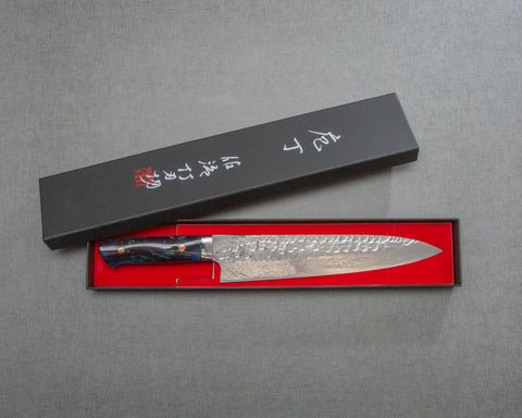 Takeshi Saji VG10 Tsuchime Damascus 240mm Gyuto with Polished Azurite Malachite Acrylic Handle