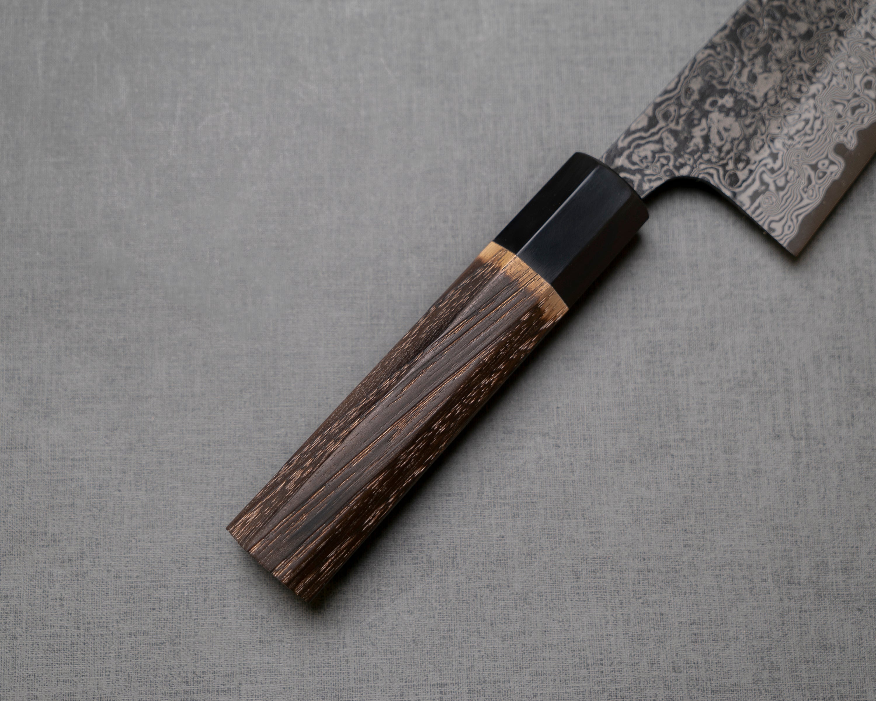 Yoshikane SLD Kurosome Damascus 210mm Kiritsuke Gyuto with Charred Chestnut  / Buffalo Horn Handle