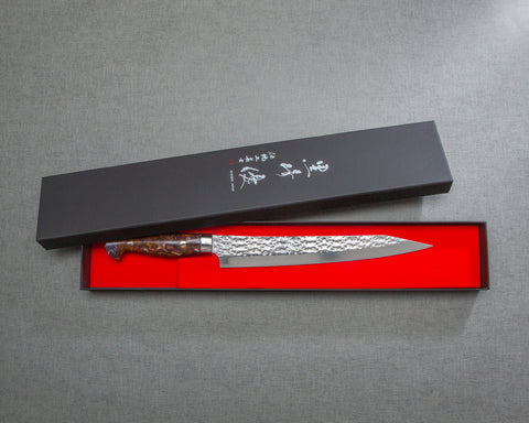 Yu Kurosaki "Senko" R2/SG2 240mm Kiritsuke Sujihiki with Polished Flowing Amber and Amethyst Acrylic Handle