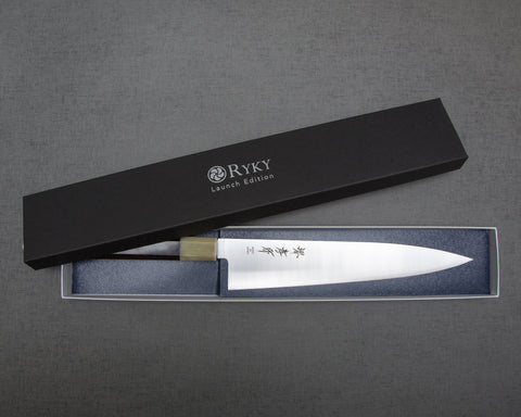 "Burrfection Knife" Sakai Takayuki by Ryky Blue #2 240mm Gyuto with Premium Ebony White Buffalo Horn Handle